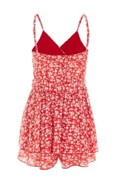 Red Ditsy Floral Wrap Playsuit -Chic Summer Shop 00100038351 ZB