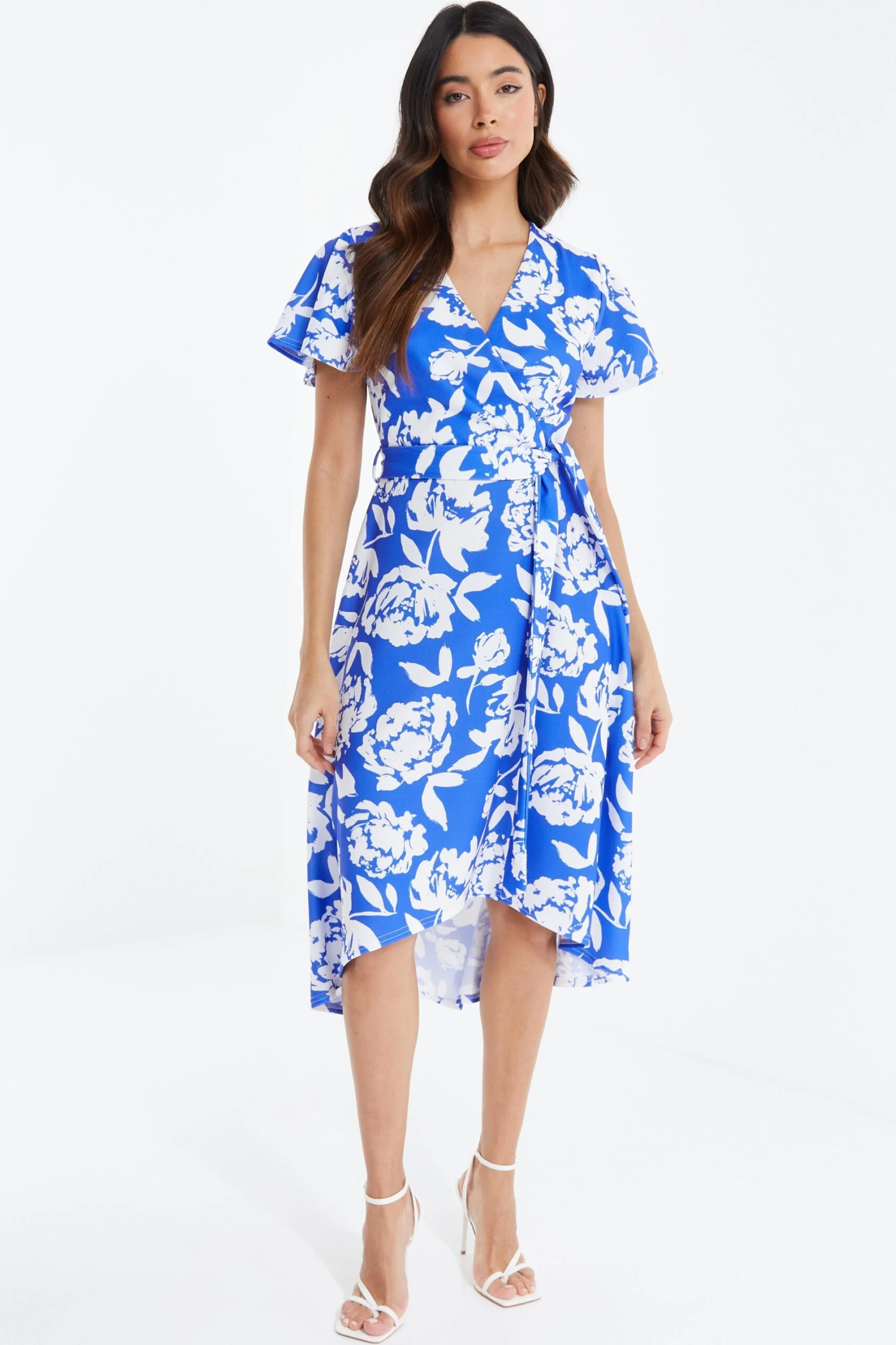 Blue Floral Wrap Dip Hem Midi Dress 4 Blue Floral Wrap Dip Hem Midi Dress - Image 2