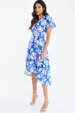 Blue Floral Wrap Dip Hem Midi Dress 11 Blue Floral Wrap Dip Hem Midi Dress -Chic Summer Shop 00100038358 XS