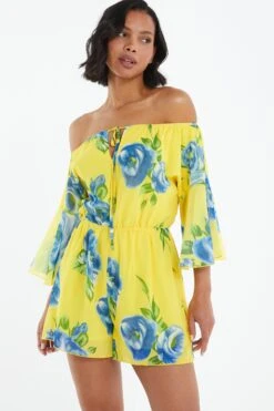 Yellow Floral Bardot Playsuit -Chic Summer Shop 00100038365 XM