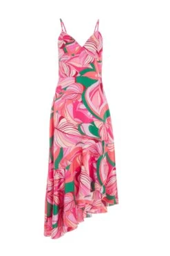 Pink Scarf Print Frill Midi Dress