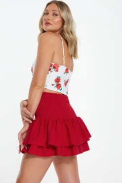 Red Ruched Frill Mini Skirt -Chic Summer Shop 00100038420 XB