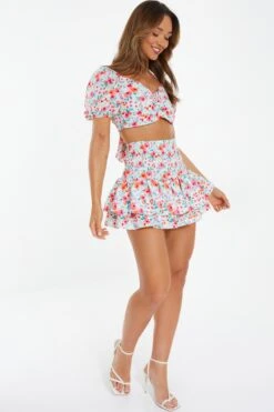 White Ditsy Floral Ruched Mini Skirt -Chic Summer Shop 00100038422 XB