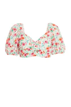 White Ditsy Floral Tie Back Crop Top