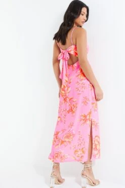 Pink Floral Print Tie Back Midi Dress 10 Pink Floral Print Tie Back Midi Dress -Chic Summer Shop 00100038433 XB