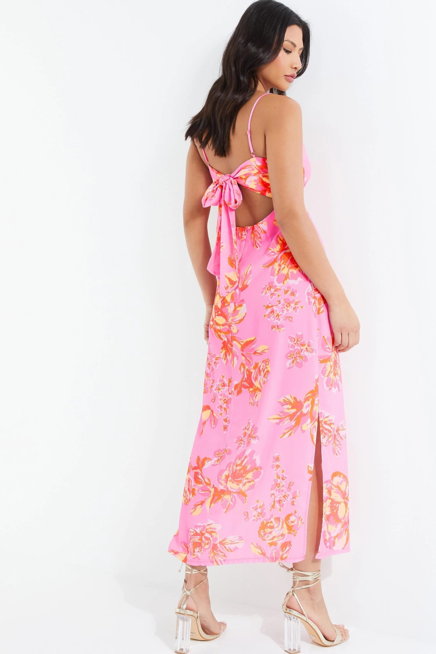 Pink Floral Print Tie Back Midi Dress 5 Pink Floral Print Tie Back Midi Dress - Image 3
