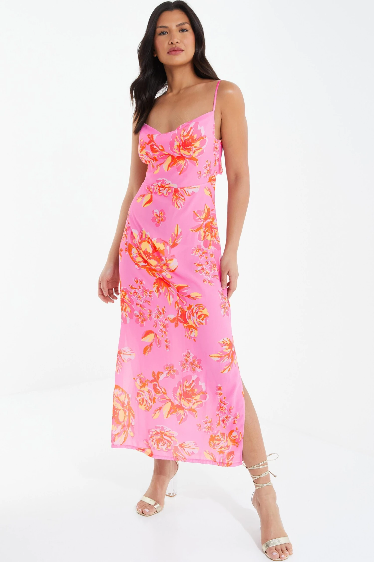 Pink Floral Print Tie Back Midi Dress 4 Pink Floral Print Tie Back Midi Dress - Image 2
