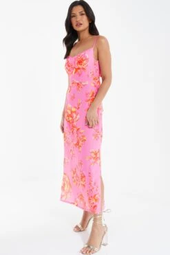 Pink Floral Print Tie Back Midi Dress 11 Pink Floral Print Tie Back Midi Dress -Chic Summer Shop 00100038433 XS