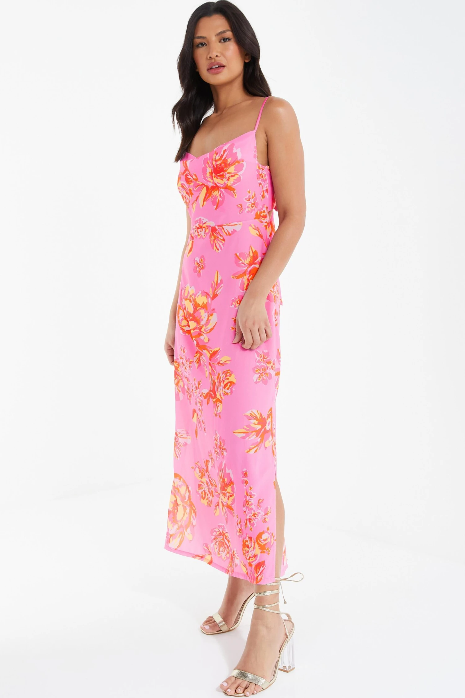 Pink Floral Print Tie Back Midi Dress 6 Pink Floral Print Tie Back Midi Dress - Image 4