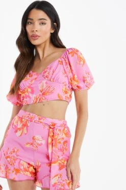 Pink Floral Print Crop Top 9 Pink Floral Print Crop Top -Chic Summer Shop 00100038451 XM