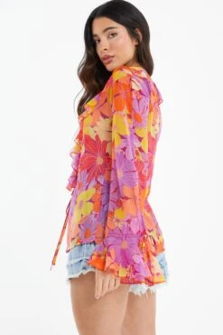 Pink Floral Tie Front Blouse -Chic Summer Shop 00100038453 XB