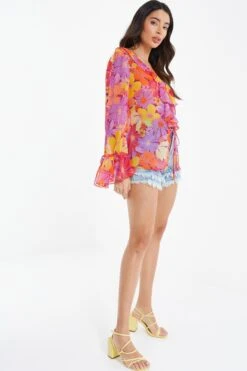 Pink Floral Tie Front Blouse -Chic Summer Shop 00100038453 XS