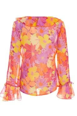 Pink Floral Tie Front Blouse -Chic Summer Shop 00100038453 ZB