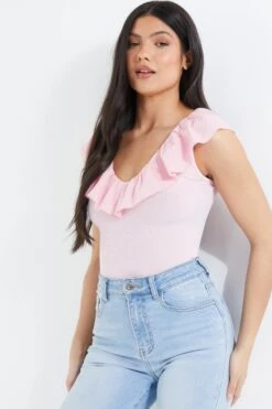 Light Pink Ribbed Frill Bodysuit 9 Light Pink Ribbed Frill Bodysuit -Chic Summer Shop 00100038455 XM