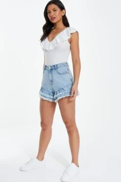 White Ribbed Frill Bodysuit -Chic Summer Shop 00100038456 XS