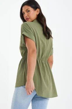 Khaki Button Ruched Blouse 10 Khaki Button Ruched Blouse -Chic Summer Shop 00100038465 XB