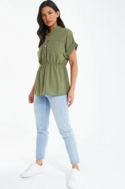 Khaki Button Ruched Blouse 11 Khaki Button Ruched Blouse -Chic Summer Shop 00100038465 XS