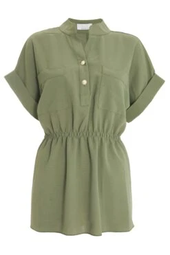 Khaki Button Ruched Blouse