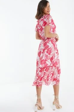 Pink Floral Frill Hem Wrap Midi Dress -Chic Summer Shop 00100038514 XB