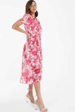Pink Floral Frill Hem Wrap Midi Dress -Chic Summer Shop 00100038514 XS