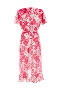 Pink Floral Frill Hem Wrap Midi Dress -Chic Summer Shop 00100038514 ZB