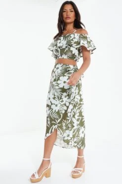 Khaki Floral Bardot Crop Top -Chic Summer Shop 00100038521 XS