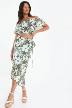 Khaki Floral Split Maxi Skirt -Chic Summer Shop 00100038522 XM