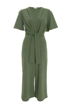 Khaki Wrap Tie Culotte Jumpsuit