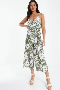 Khaki Tropical Print Culotte Jumpsuit 9 Khaki Tropical Print Culotte Jumpsuit -Chic Summer Shop 00100038589 XM