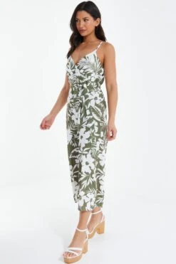 Khaki Tropical Print Culotte Jumpsuit 11 Khaki Tropical Print Culotte Jumpsuit -Chic Summer Shop 00100038589 XS