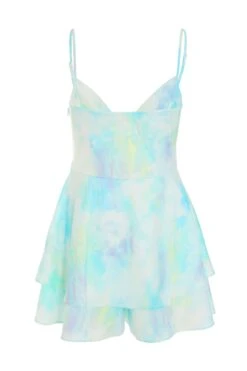 Blue Satin Smudge Print Playsuit -Chic Summer Shop 00100038599 ZB