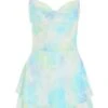 Blue Satin Smudge Print Playsuit -Chic Summer Shop 00100038599 ZM