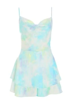 Blue Satin Smudge Print Playsuit