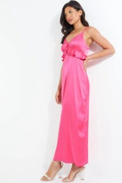 Pink Satin Frill Slip Midi Dress -Chic Summer Shop 00100038602 XS