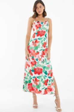 Multicoloured Tropical Satin Midi Dress -Chic Summer Shop 00100038639 XM