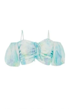 Blue Marble Tie Front Crop Top