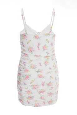 White Ditsy Floral Ruched Mini Dress -Chic Summer Shop 00100038656 ZB