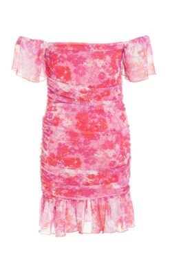 Pink Floral Ruched Bardot Mini Dress -Chic Summer Shop 00100038657 ZB