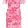 Pink Floral Ruched Bardot Mini Dress -Chic Summer Shop 00100038657 ZM