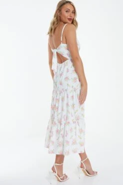 White Ditsy Floral Ruched Midi Dress -Chic Summer Shop 00100038658 XB