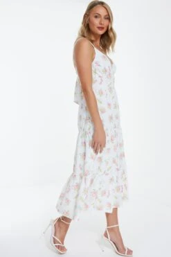 White Ditsy Floral Ruched Midi Dress -Chic Summer Shop 00100038658 XS