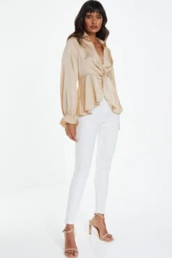 Stone Satin Frill Cuff Blouse -Chic Summer Shop 00100038665 XS