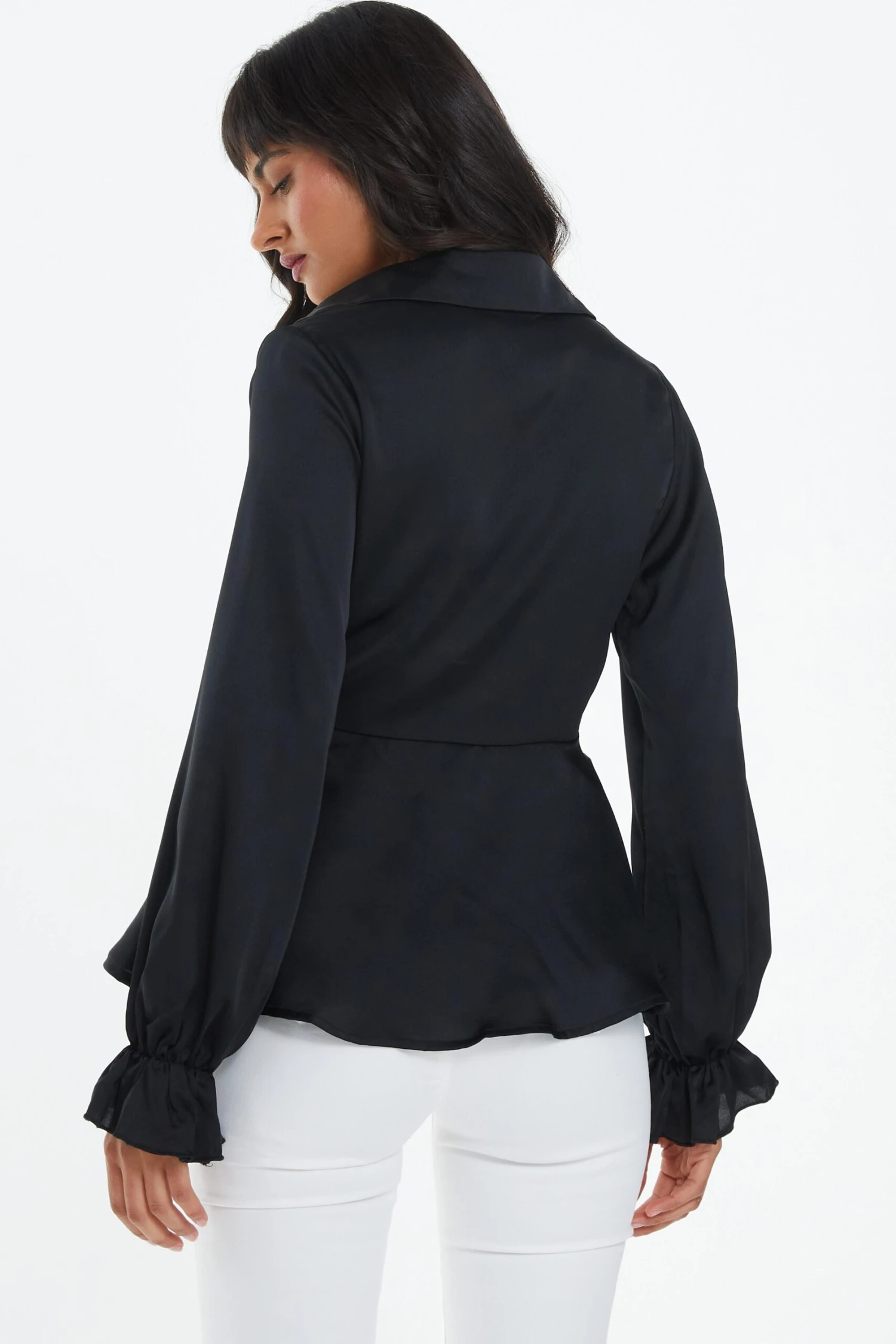 Black Satin Frill Cuff Blouse 5 Black Satin Frill Cuff Blouse - Image 3
