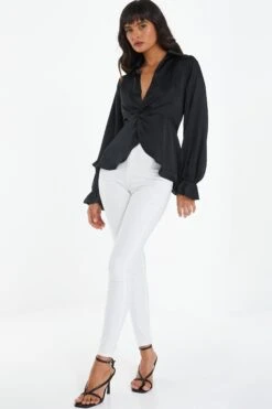 Black Satin Frill Cuff Blouse 11 Black Satin Frill Cuff Blouse -Chic Summer Shop 00100038666 XS