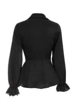Black Satin Frill Cuff Blouse 12 Black Satin Frill Cuff Blouse -Chic Summer Shop 00100038666 ZB