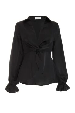 Black Satin Frill Cuff Blouse