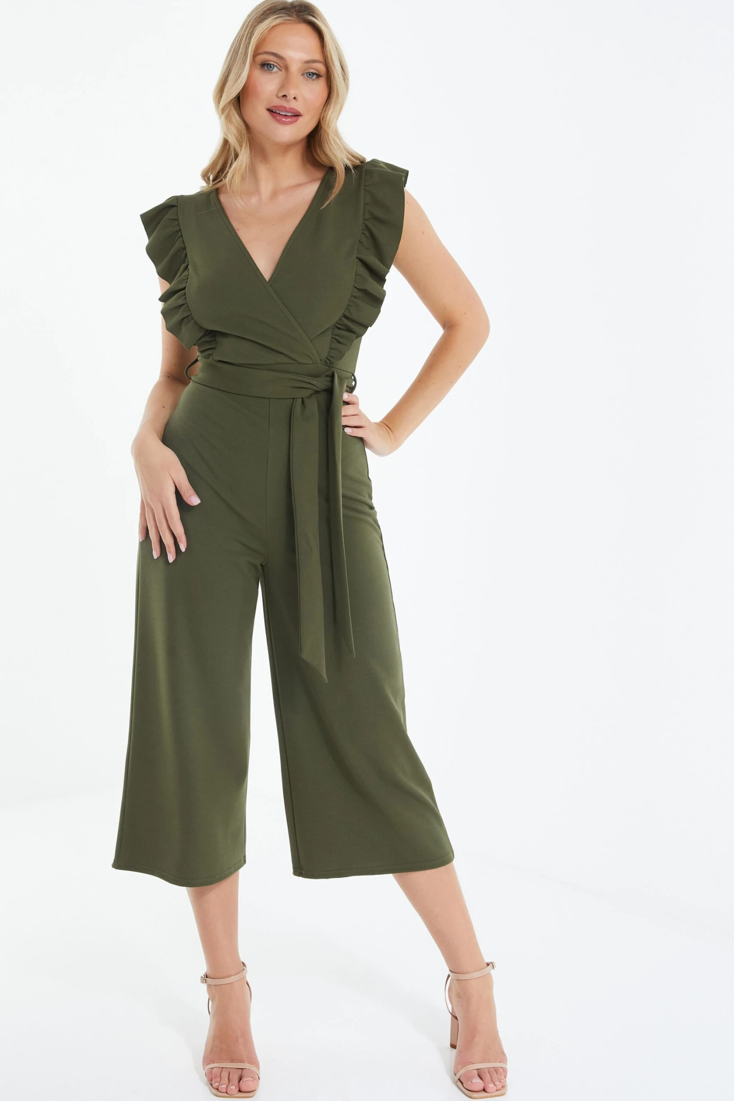 Khaki Wrap Frill Front Culotte Jumpsuit 4 Khaki Wrap Frill Front Culotte Jumpsuit - Image 2