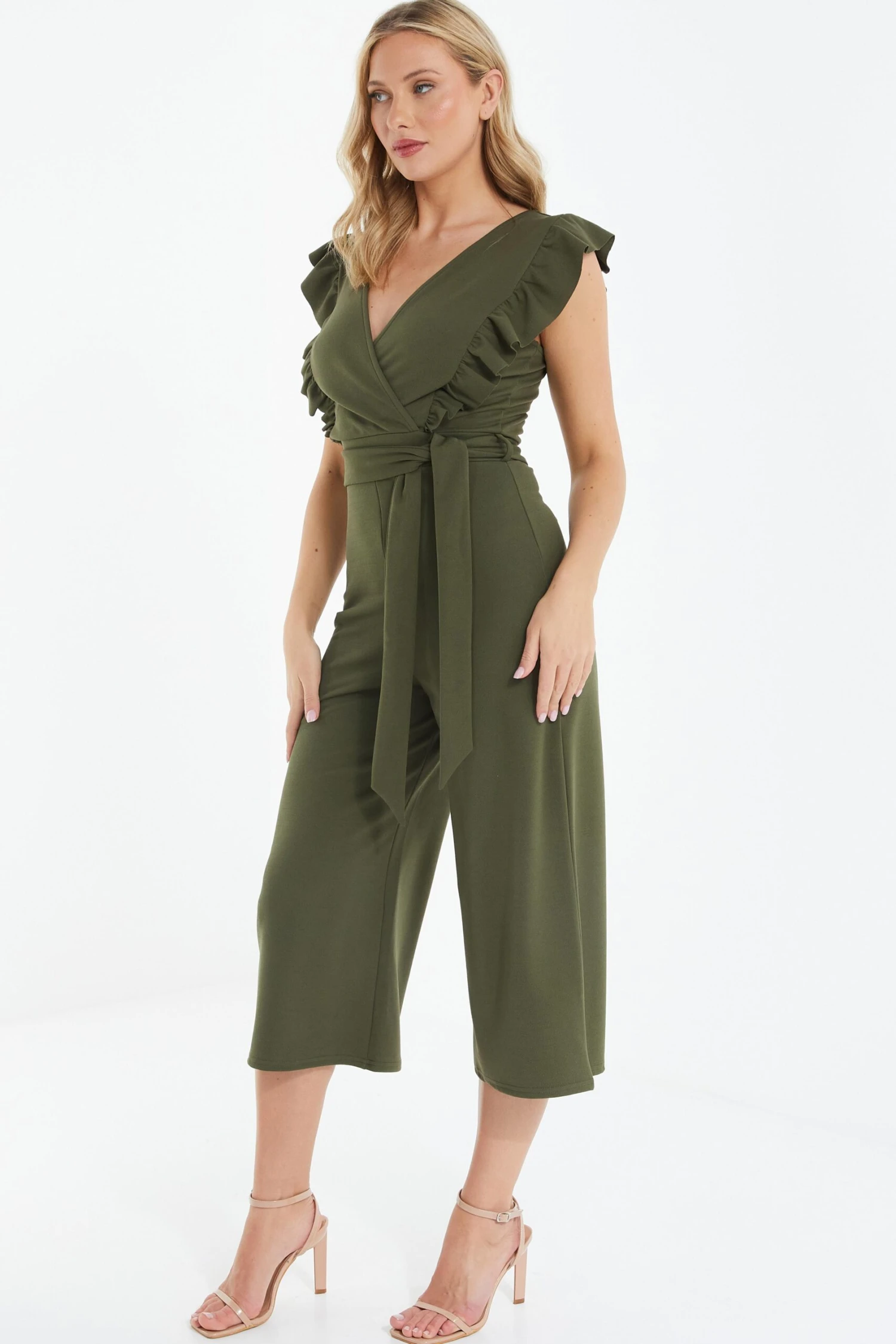 Khaki Wrap Frill Front Culotte Jumpsuit 6 Khaki Wrap Frill Front Culotte Jumpsuit - Image 4