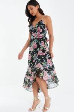 Black Floral Chiffon Wrap Midi Dress -Chic Summer Shop 00100038768 XS