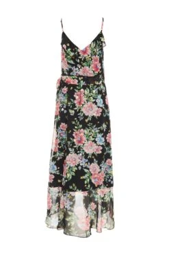 Black Floral Chiffon Wrap Midi Dress -Chic Summer Shop 00100038768 ZB